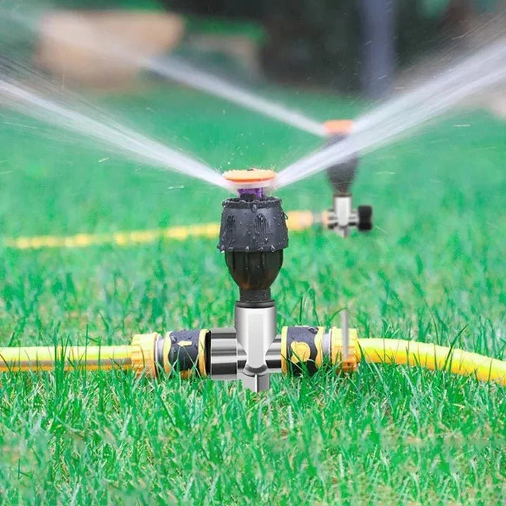 Easy setup rotating yard sprinkler, perfect for automatic outdoor watering.
