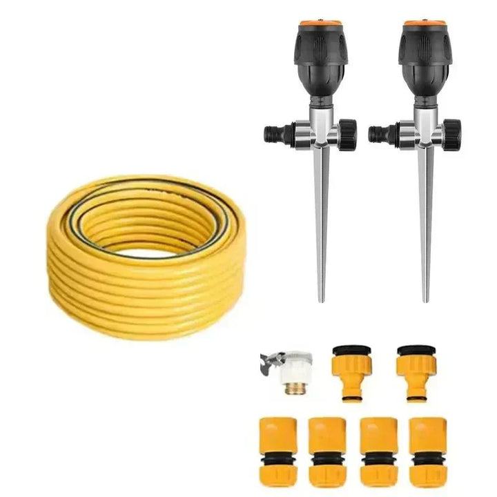 Automatic garden sprinkler connected to a hose, ready for easy setup and yard irrigation.