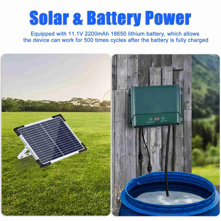 Solar-powered drip irrigation system actively watering a lush garden. Automatic plant care for outdoor spaces.