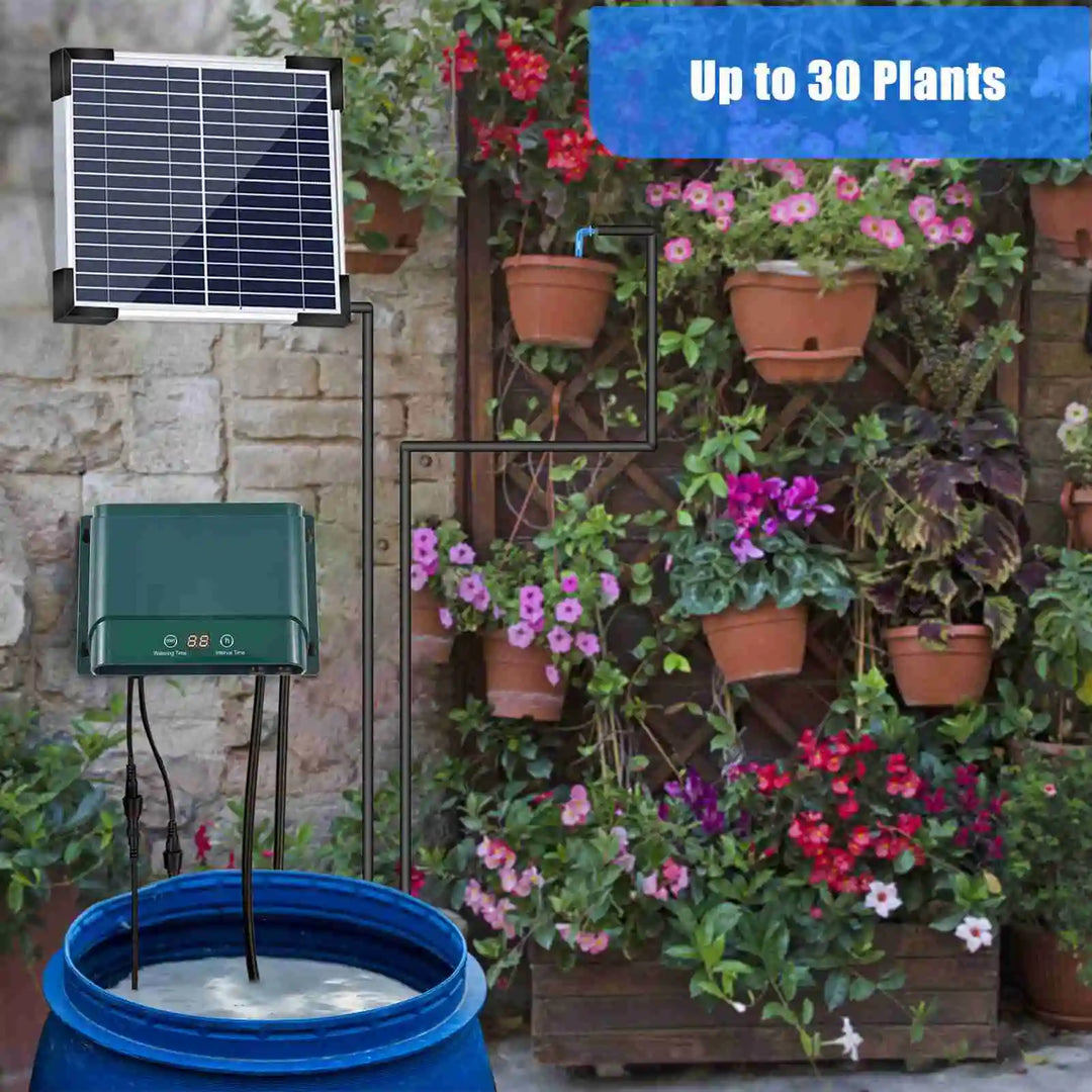Water-saving solar drip irrigation system. Delivers precise automatic watering to plants in gardens & patios.