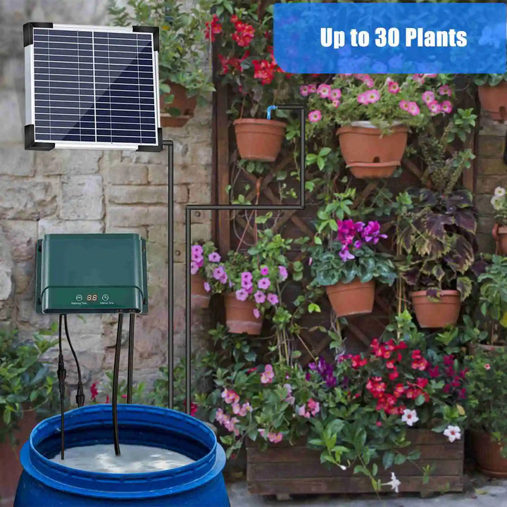 Water-saving solar drip irrigation system. Delivers precise automatic watering to plants in gardens & patios.