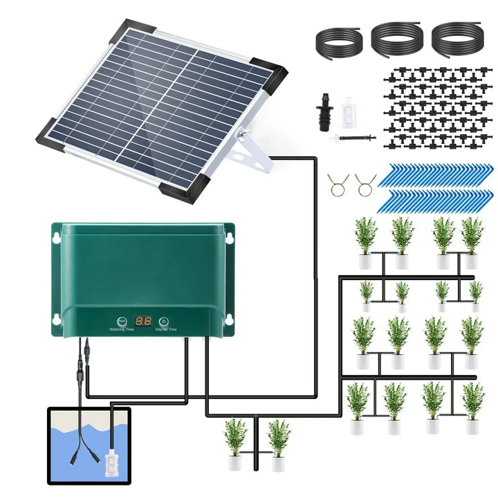 Complete solar drip irrigation system kit with tubing & drippers. Easy setup for automatic garden watering.
