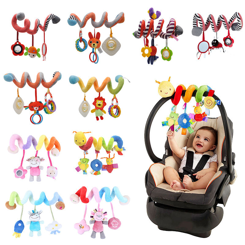 Colorful baby stroller toy featuring a soft spiral design and dangling sensory elements.