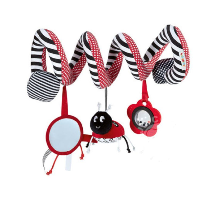Overhead crib toy in a spiral shape, promoting baby's visual tracking and motor skills.