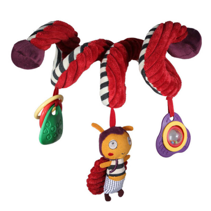 Hanging plush baby toy for car seats, designed as a fun activity spiral.