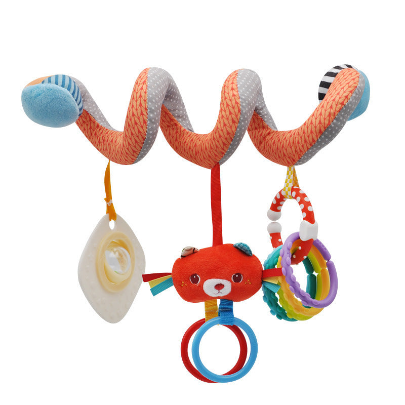 Educational baby crib toy, an activity spiral with varied textures and sounds.