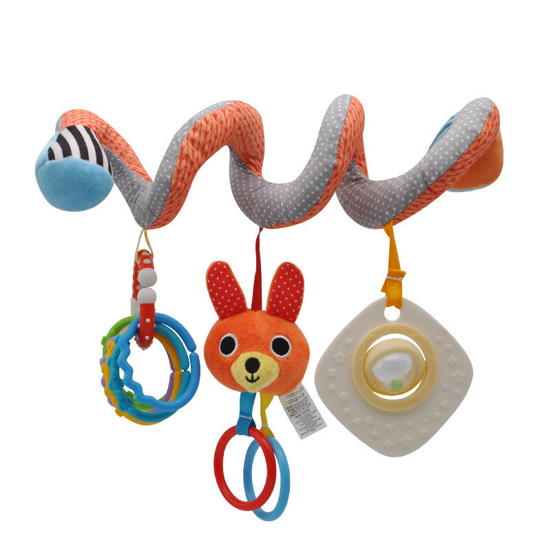 Soft activity spiral plush toy, ideal for attaching to strollers and baby carriers.