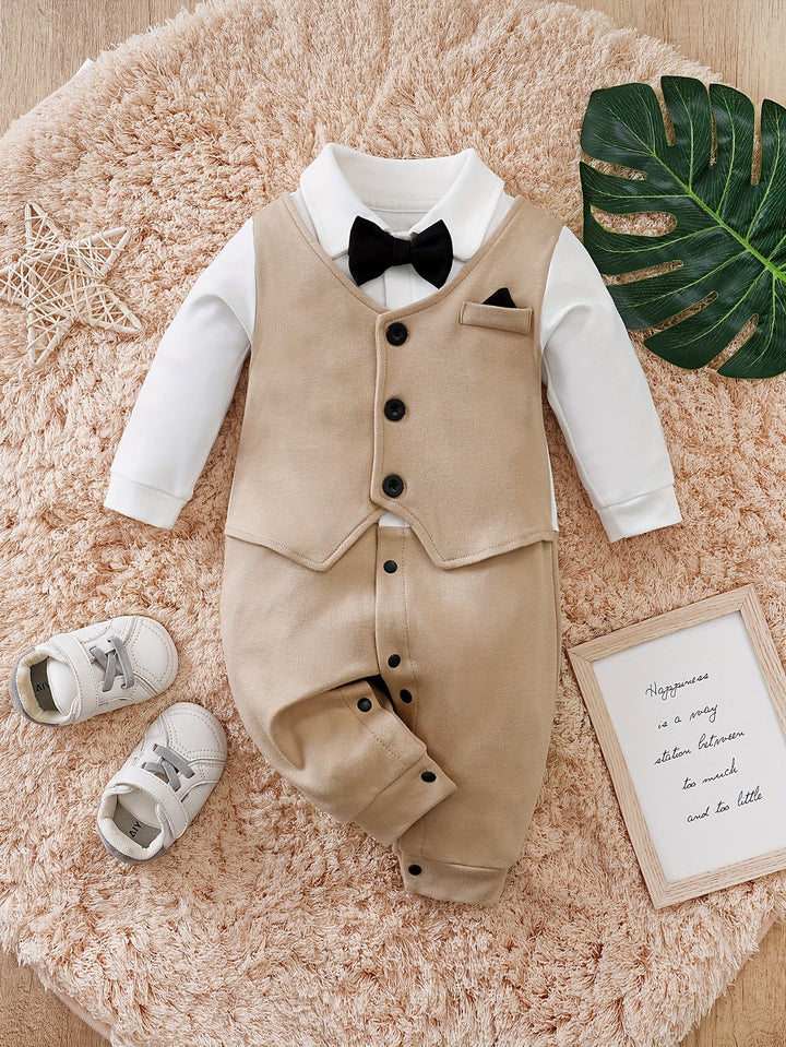 Baby boy gentleman romper with removable bow tie for stylish infant.