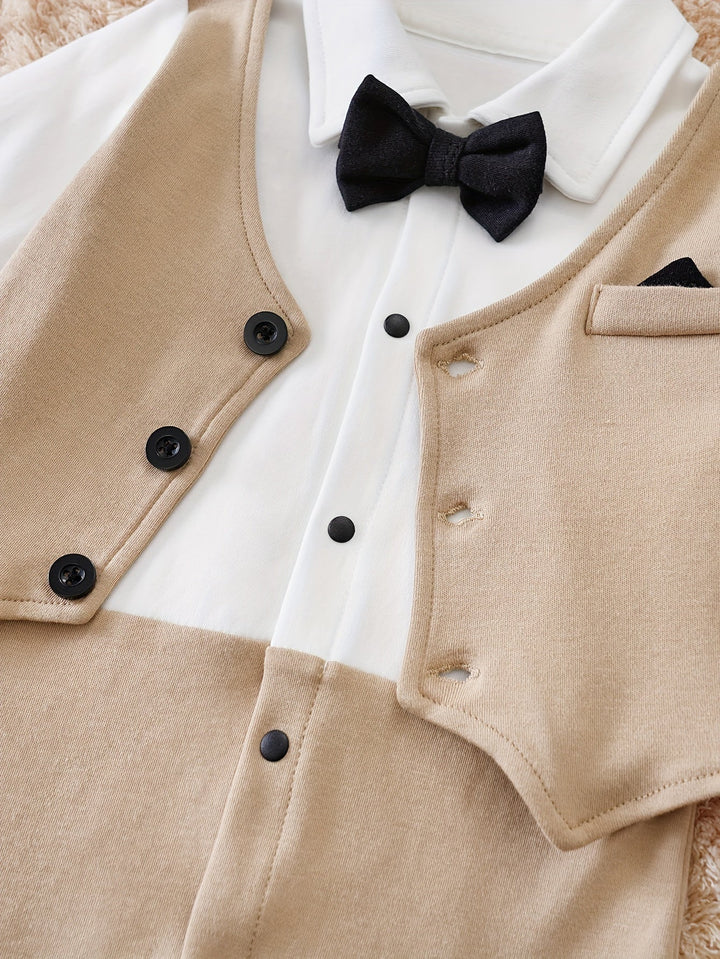 Comfortable and stylish baby boy clothes, this romper has a festive bow tie.