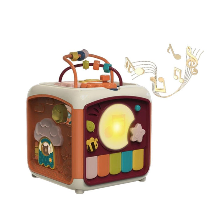 Sensory toy for babies: musical keyboard with lights and shape sorting features.