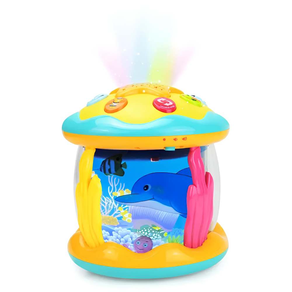 Baby musical light-up projector toy with soothing ocean theme and colorful lights for sensory play.