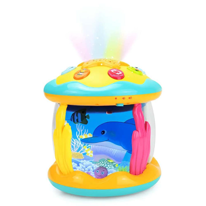 Baby musical light-up projector toy with soothing ocean theme and colorful lights for sensory play.
