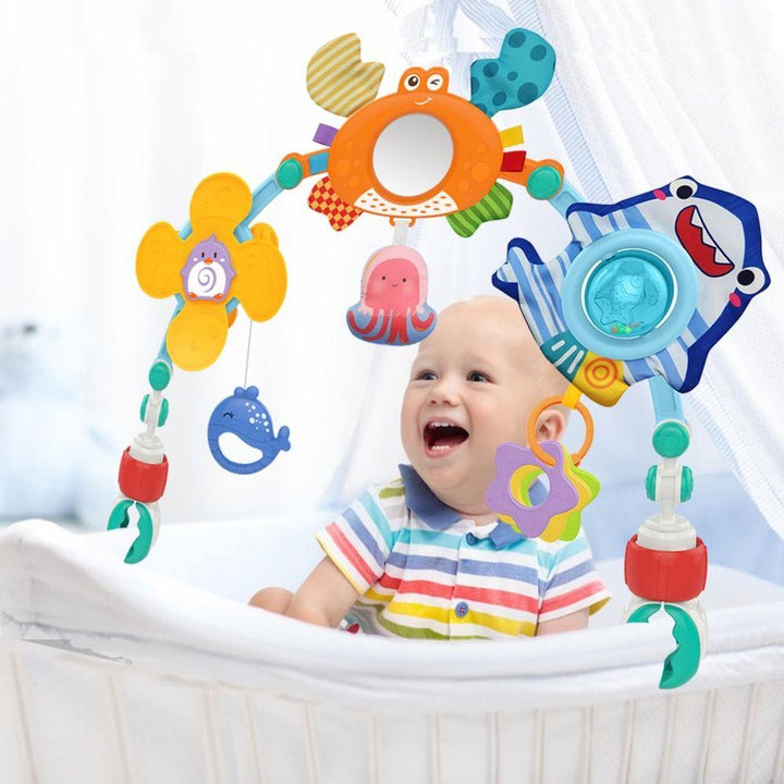 Portable travel toy for babies, engaging musical rattle and activity gym