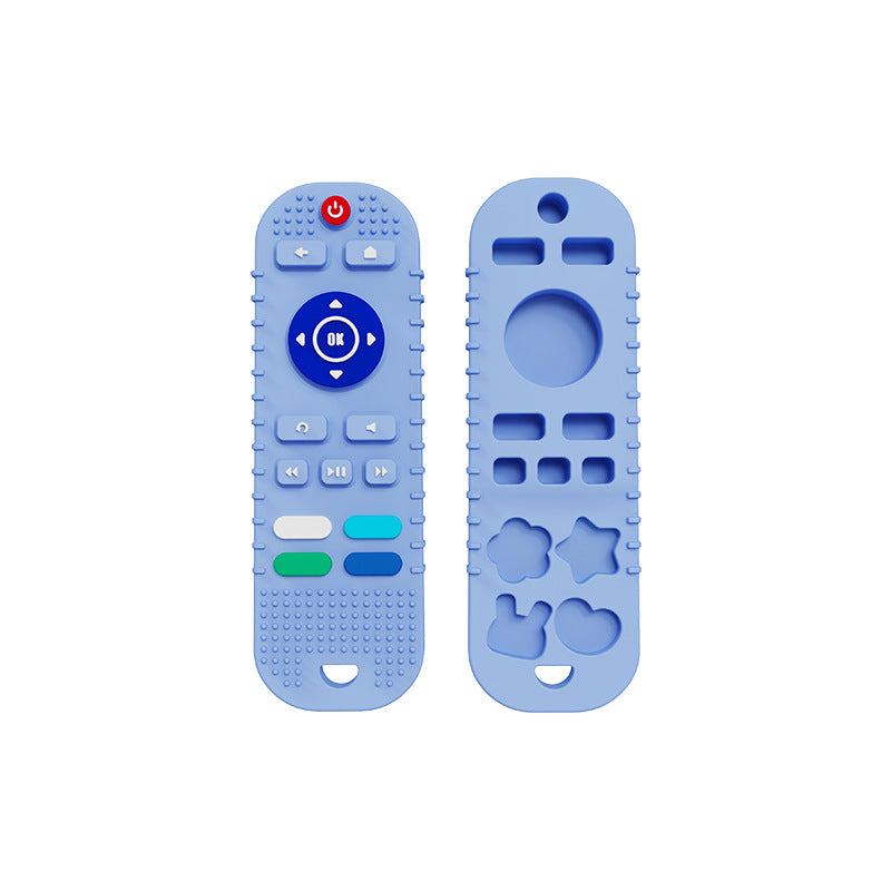 Close-up of black silicone baby remote teether toy, a sensory toy for early development