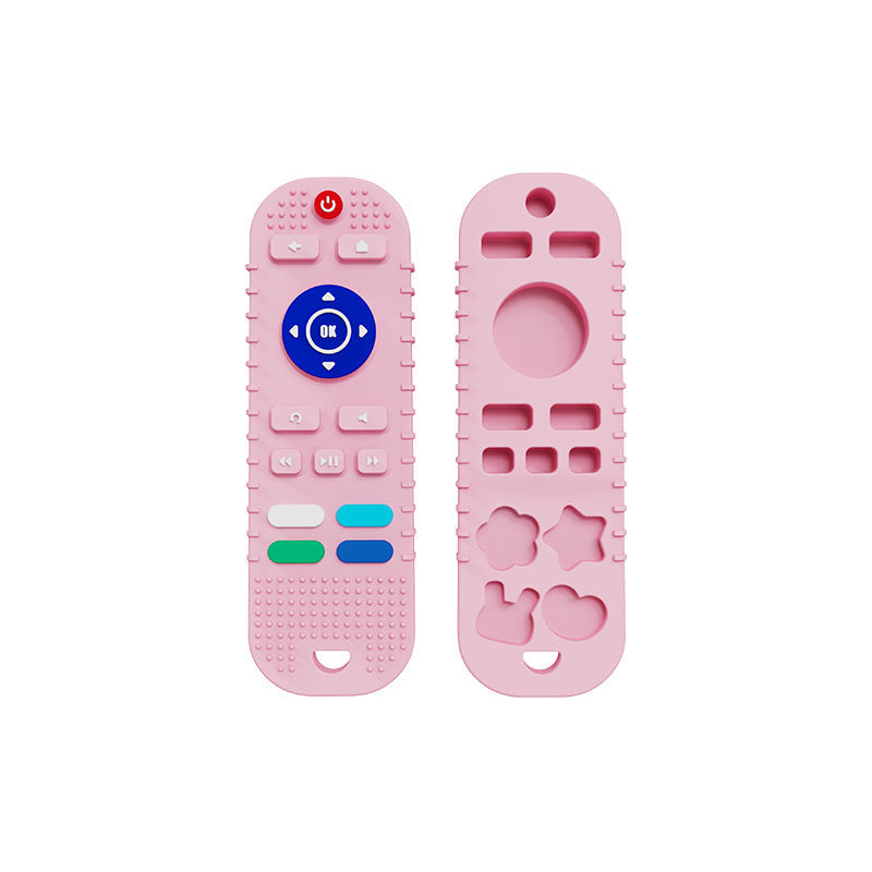 Pink silicone baby remote control teether, perfect for soothing infant gums