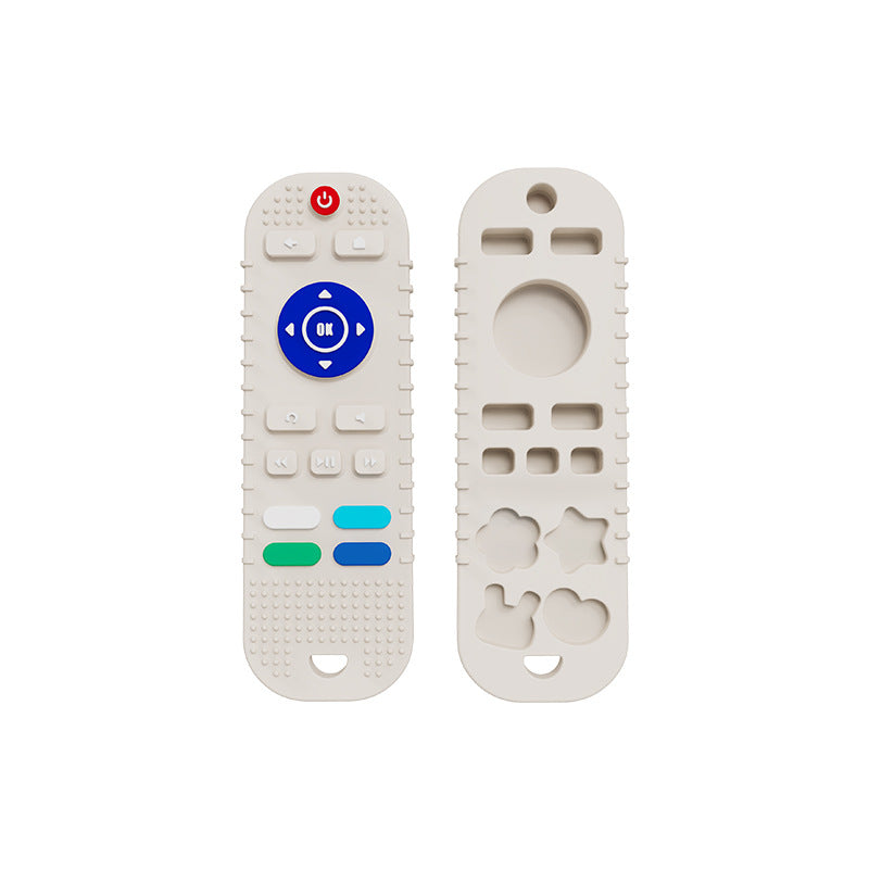 Blue silicone teether shaped like a remote control, ideal for baby's early development