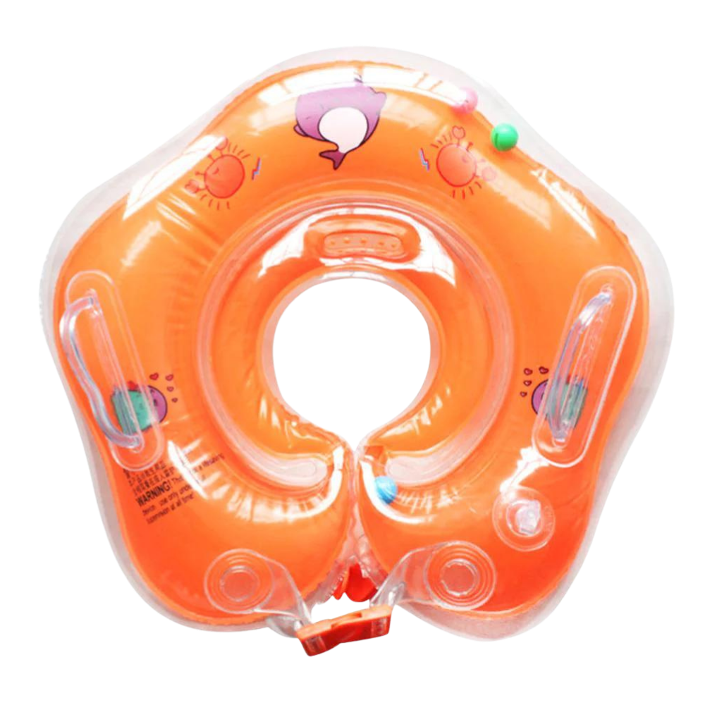Baby's safe swimming neck float with double air chambers for secure infant water play and safety.