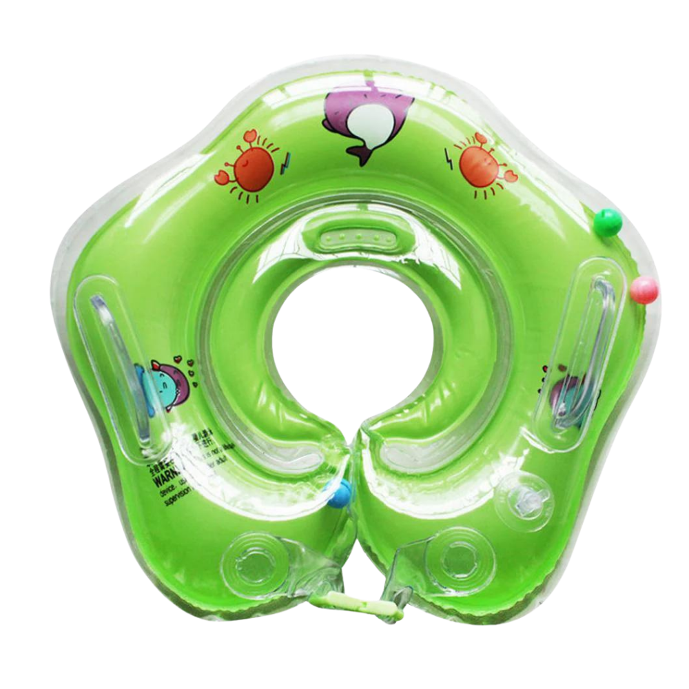 Baby's safe PVC neck float with double chambers & handles, providing secure infant pool and bath water fun.