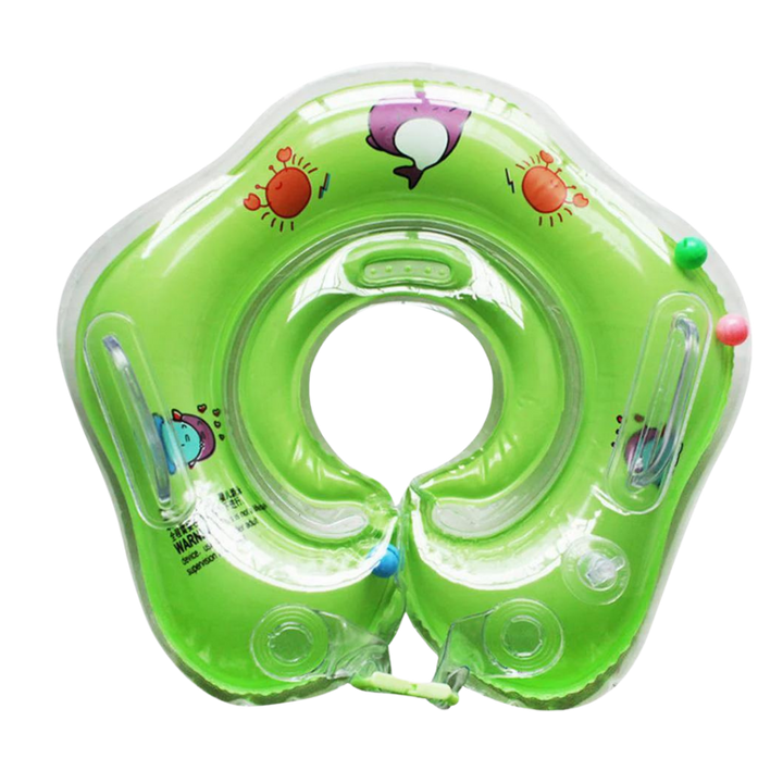 Baby's safe PVC neck float with double chambers & handles, providing secure infant pool and bath water fun.