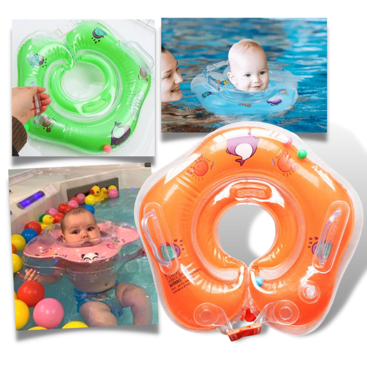 Infant neck float featuring double air chambers and a safety handle, ideal for baby pool fun & baths.