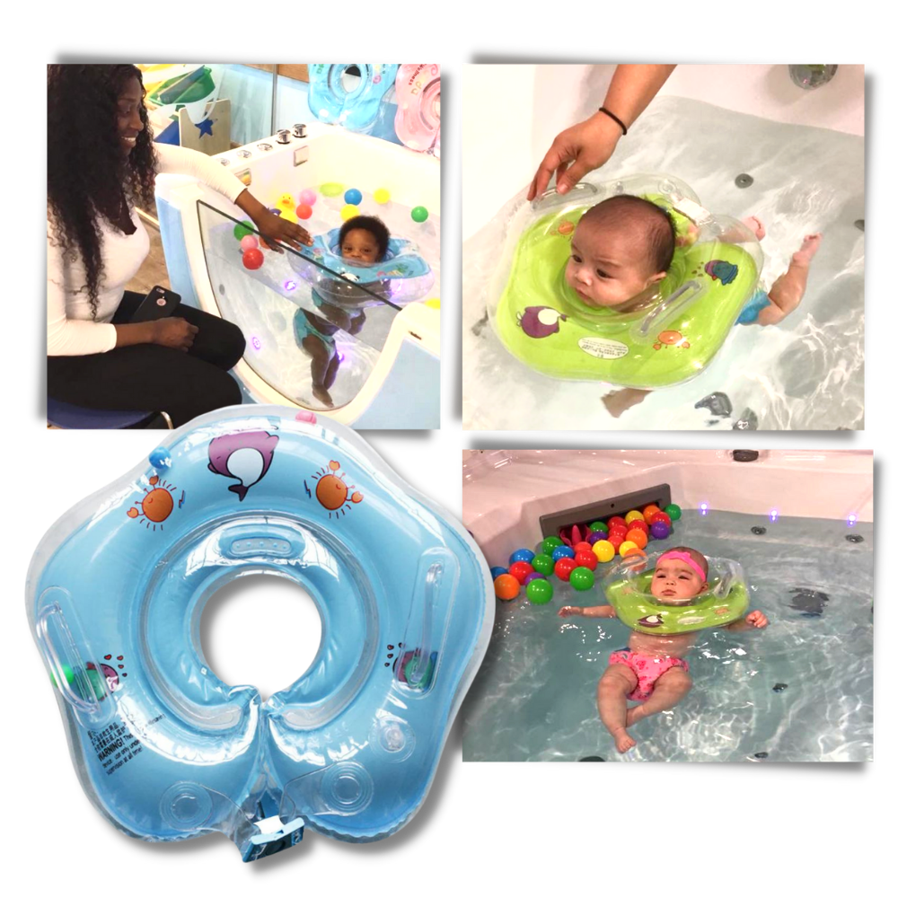 Secure PVC baby neck float with double chambers ensures water safety and comfortable swim aid for infants.