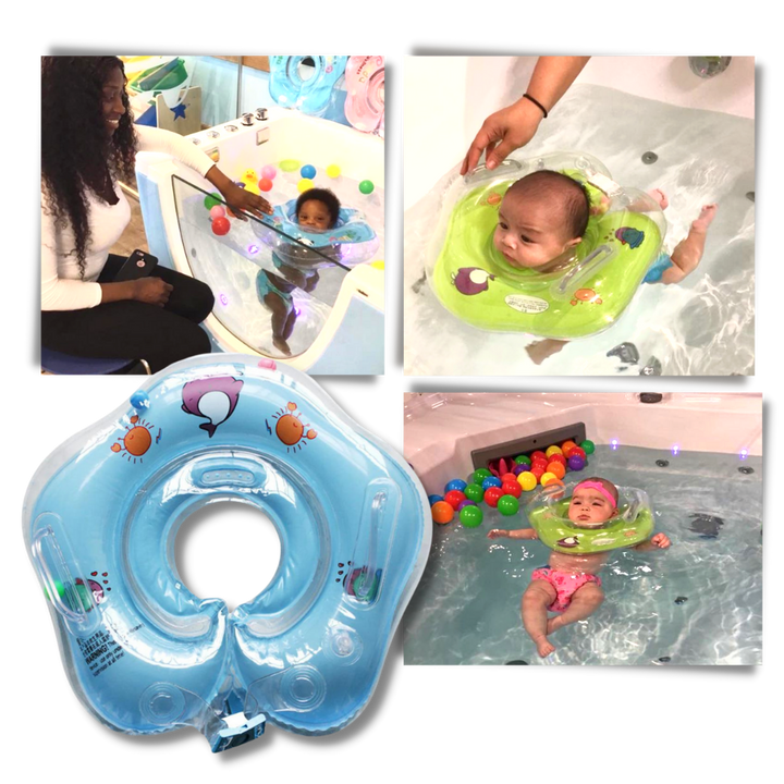 Secure PVC baby neck float with double chambers ensures water safety and comfortable swim aid for infants.