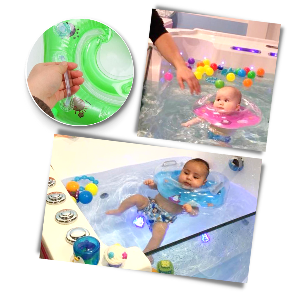 Innovative double chamber baby neck float with safe handle for enhanced water safety during infant swimming.