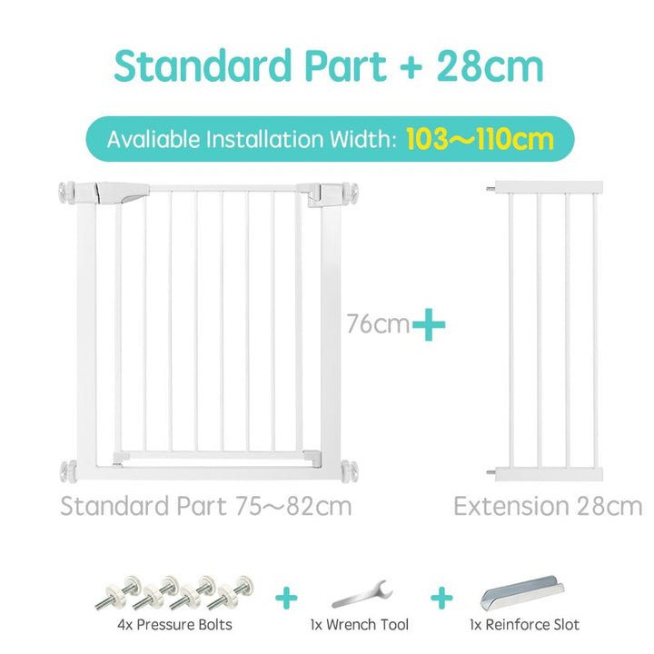 Wide view of an easy install gate set up at the top of stairs