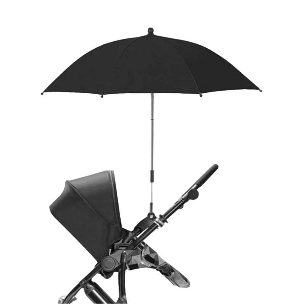 Baby stroller umbrella with clamp for sun and rain protection.
