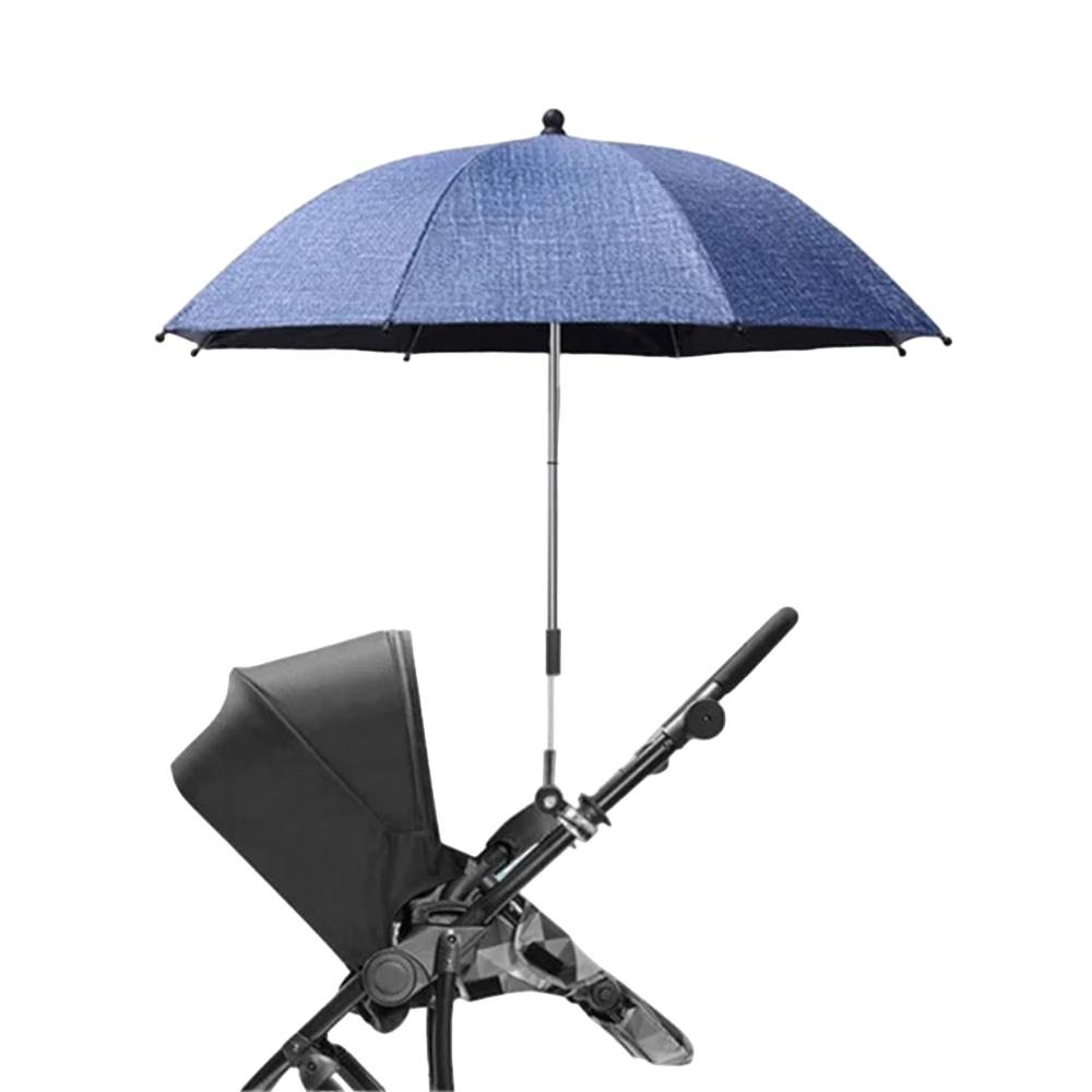 Adjustable stroller umbrella offering all-weather protection for baby.