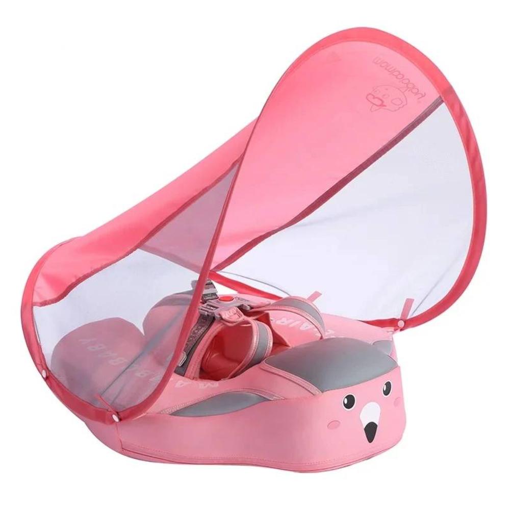 Infant pool float featuring adjustable sunshade for sun protection