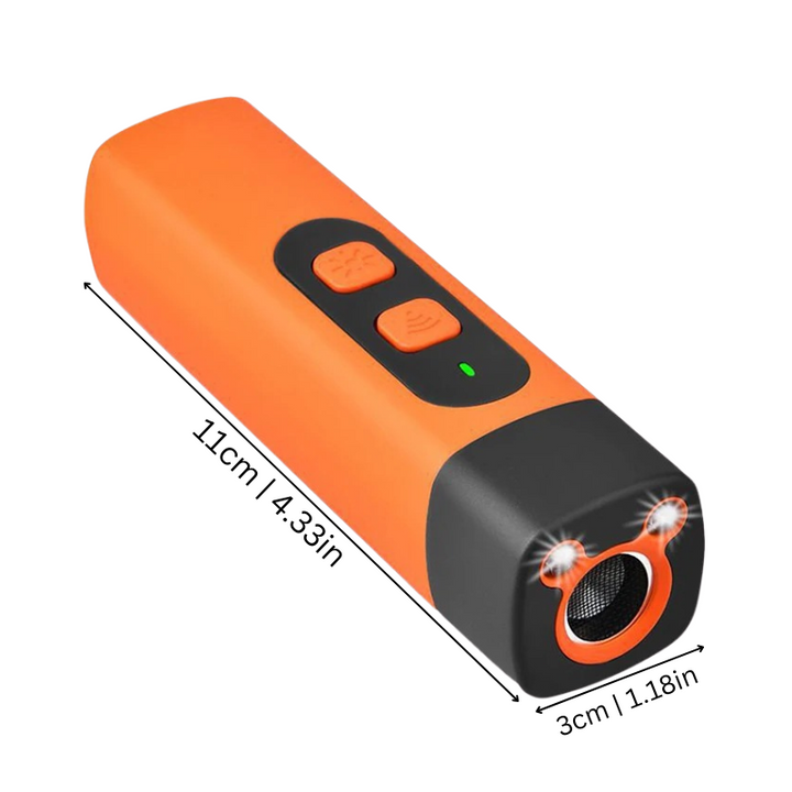 Portable anti-bark collar uses ultrasonic sound to train dogs, promoting calm behavior.