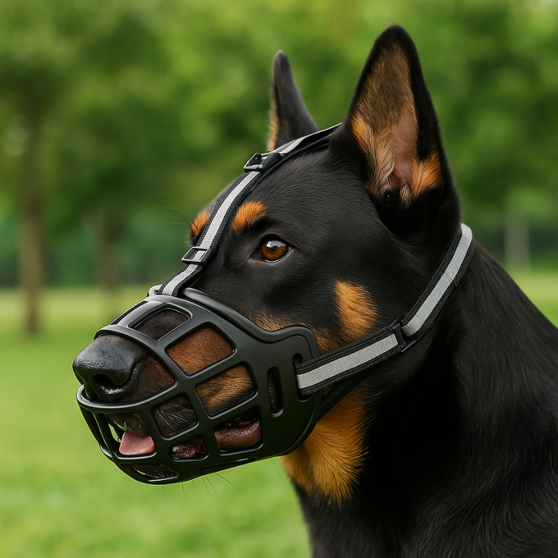 BarkShield breathable dog muzzle for safe walks and training, adjustable and comfortable anti-bark solution.