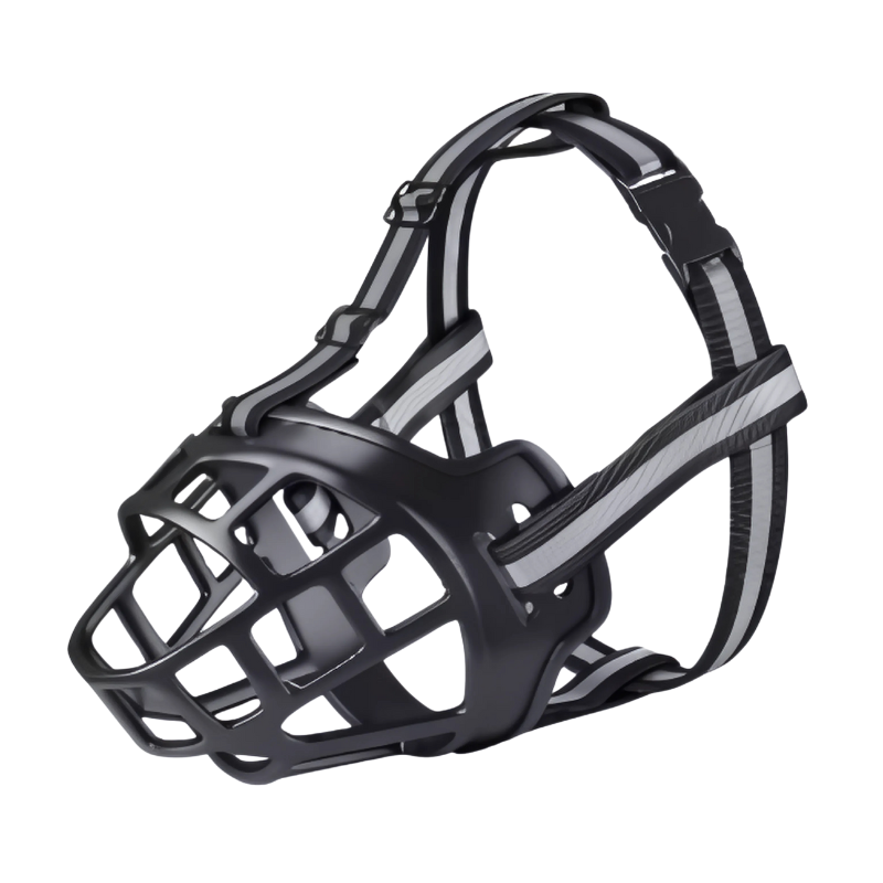 Adjustable and breathable BarkShield dog muzzle, prevents chewing and barking for secure and peaceful dog walking.