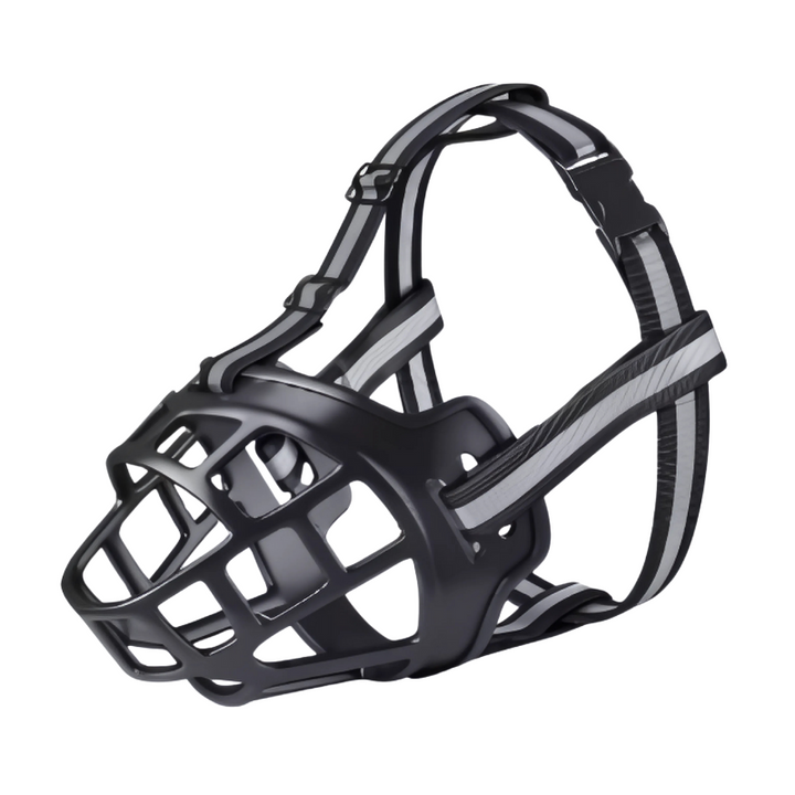 Adjustable and breathable BarkShield dog muzzle, prevents chewing and barking for secure and peaceful dog walking.