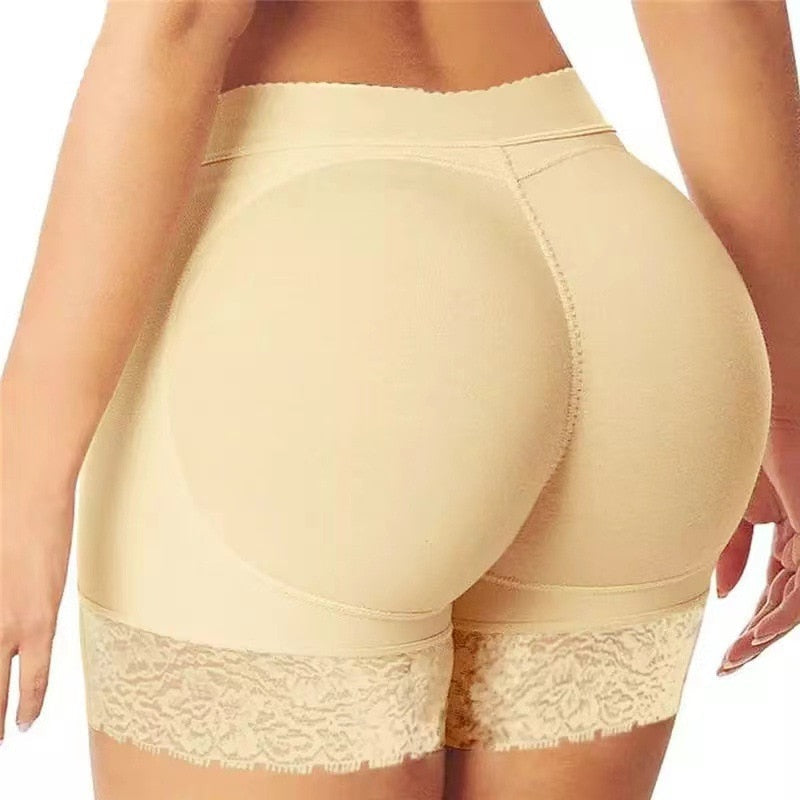 Beige women's padded shaping shorts with lace trim offer seamless lift & enhanced natural curves for comfortable daily wear.