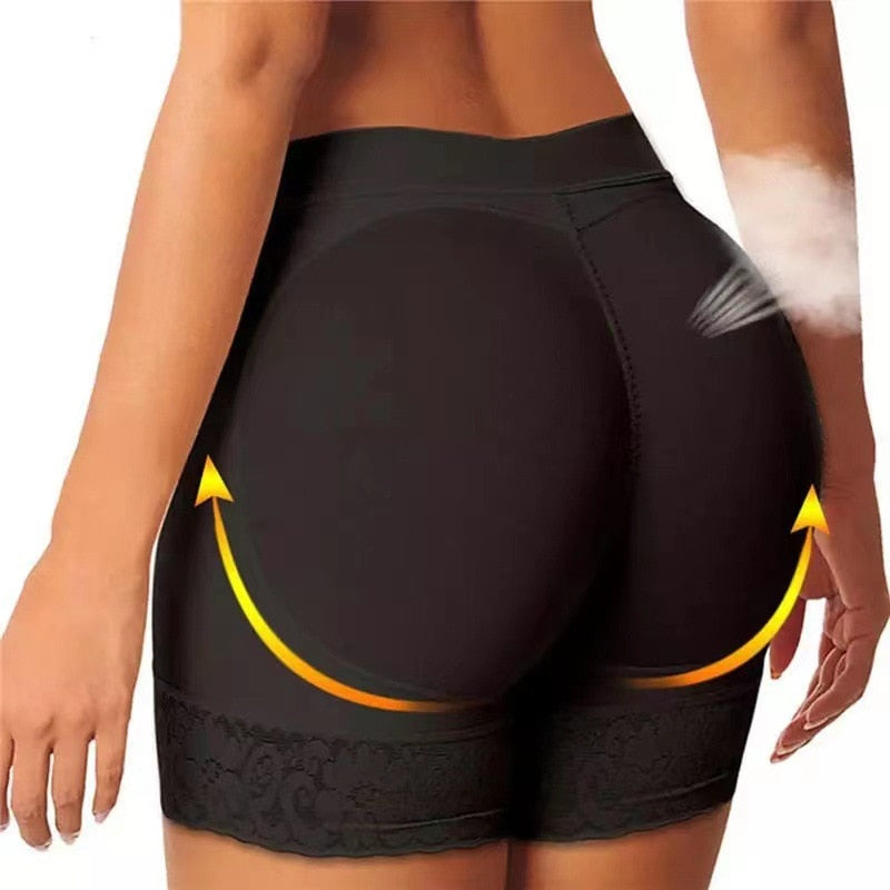 Black body shaper padded shorts with delicate lace trim. Invisible underwear for a smooth, shapely silhouette & comfort.