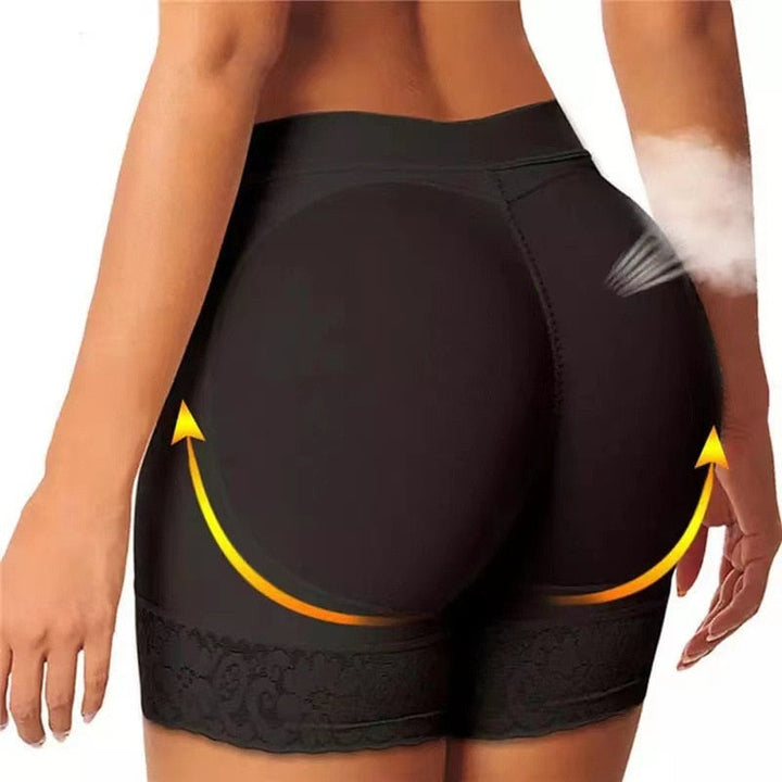 Black body shaper padded shorts with delicate lace trim. Invisible underwear for a smooth, shapely silhouette & comfort.