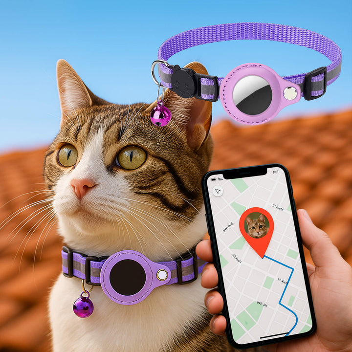 Stylish reflective GPS tracker cat collar with quick release, keeping your feline safe and trackable during adventures.
