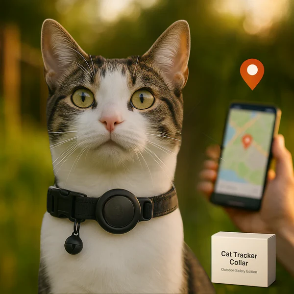 Quick release cat collar with integrated GPS tracker, reflective strip for safety, adjustable for all feline sizes.