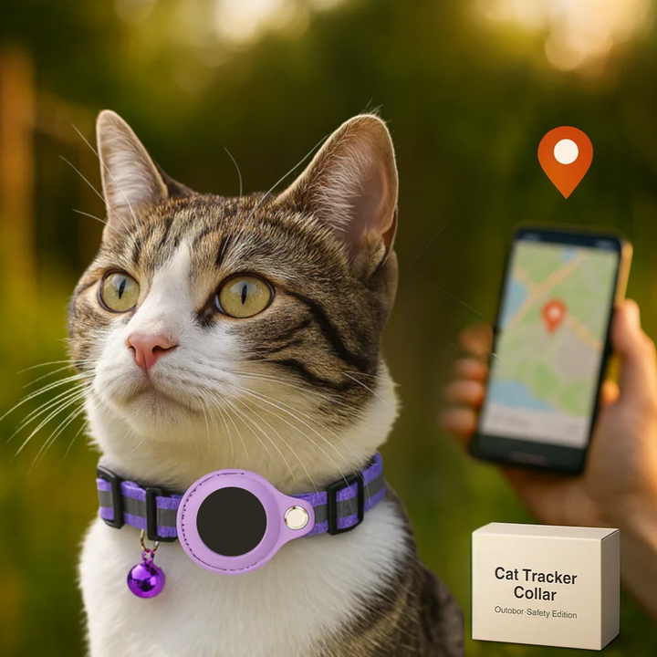 High-tech GPS tracker cat collar, reflective for low light, quick release ensures pet safety and comfort.
