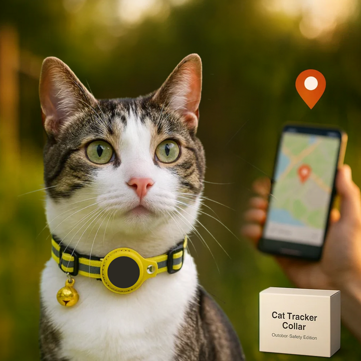 Sleek black GPS cat collar with reflective strip, quick release buckle, offering pet safety and tracking.