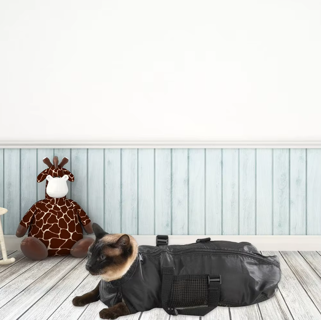 Pet grooming aid: Black cat grooming bag designed for peaceful and safe nail trims for anxious cats.