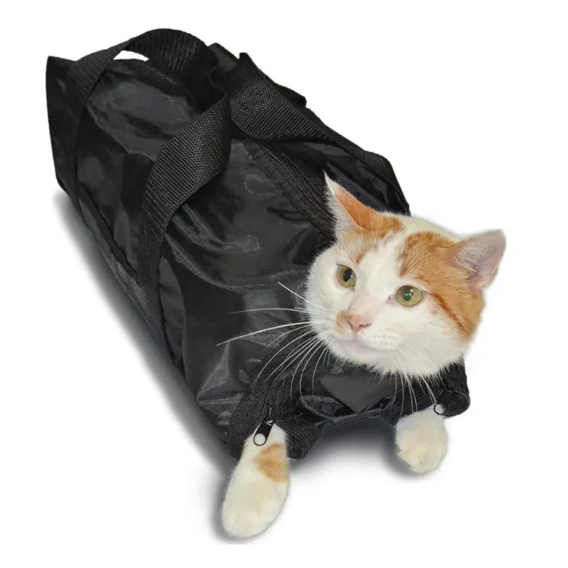 Durable black cat grooming bag for secure and peaceful nail trimming. Essential pet care supplies.