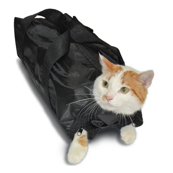 Durable black cat grooming bag for secure and peaceful nail trimming. Essential pet care supplies.