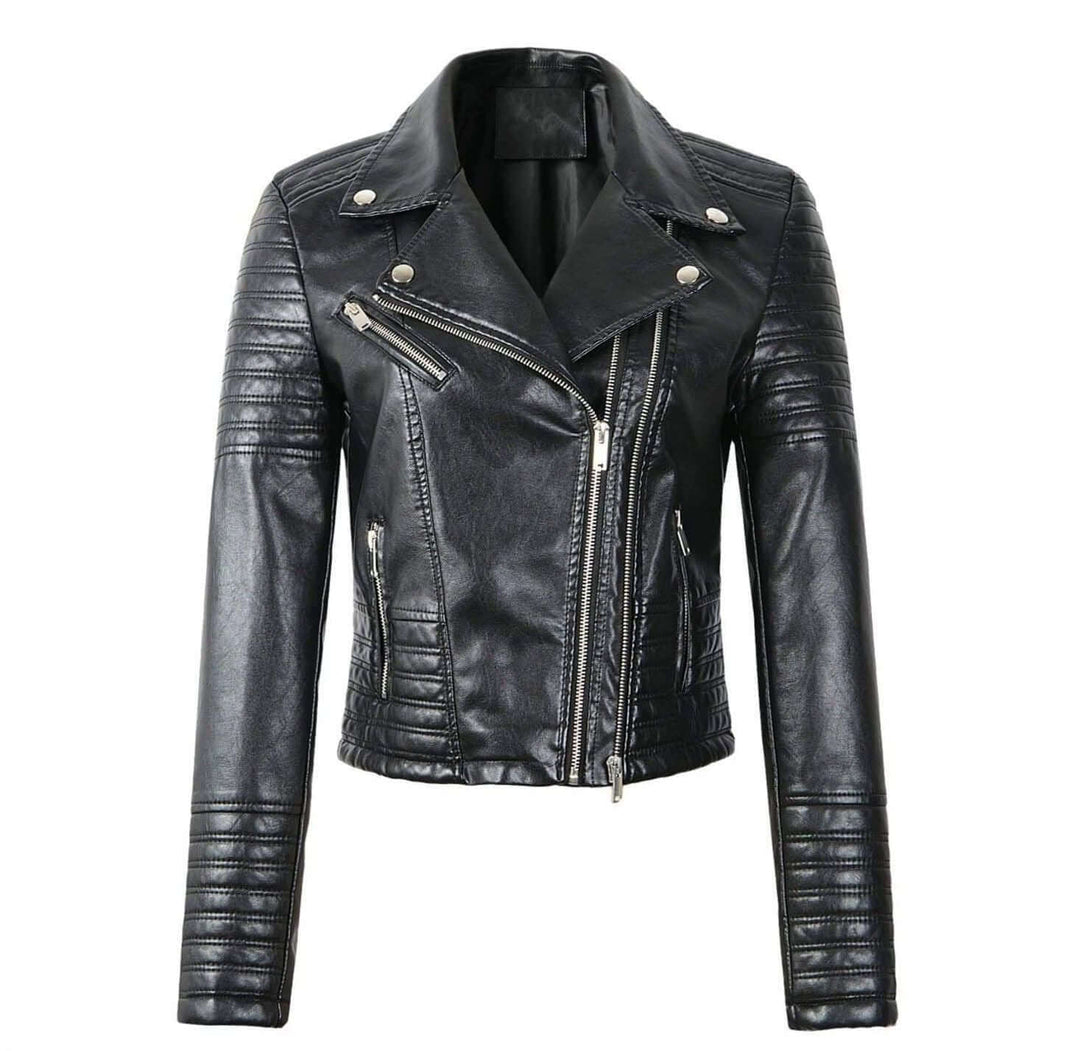 Black classic women's biker jacket with asymmetrical zip, perfect chic fashion outerwear.