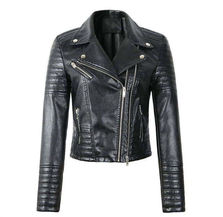 Black classic women's biker jacket with asymmetrical zip, perfect chic fashion outerwear.
