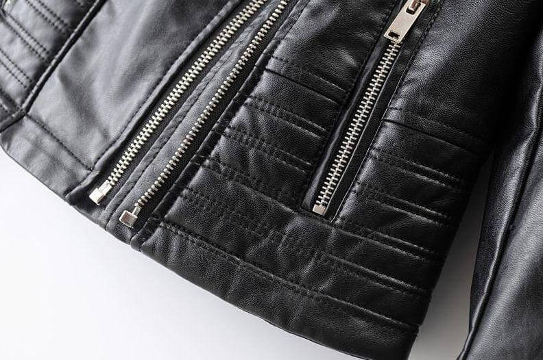 Elegant black women's biker jacket with asymmetrical zip, chic classic versatile fashion outerwear.