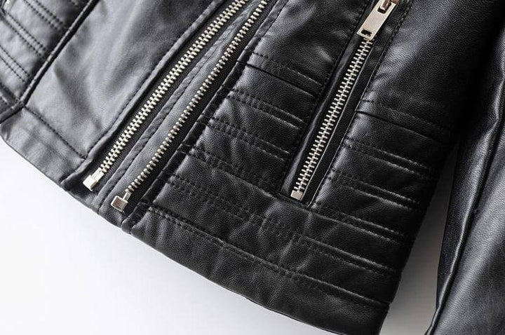 Elegant black women's biker jacket with asymmetrical zip, chic classic versatile fashion outerwear.