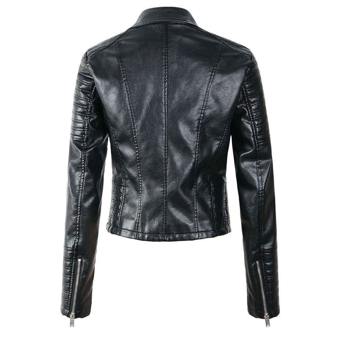 Asymmetrical black women's biker jacket, a classic style versatile for casual or fashion outerwear.